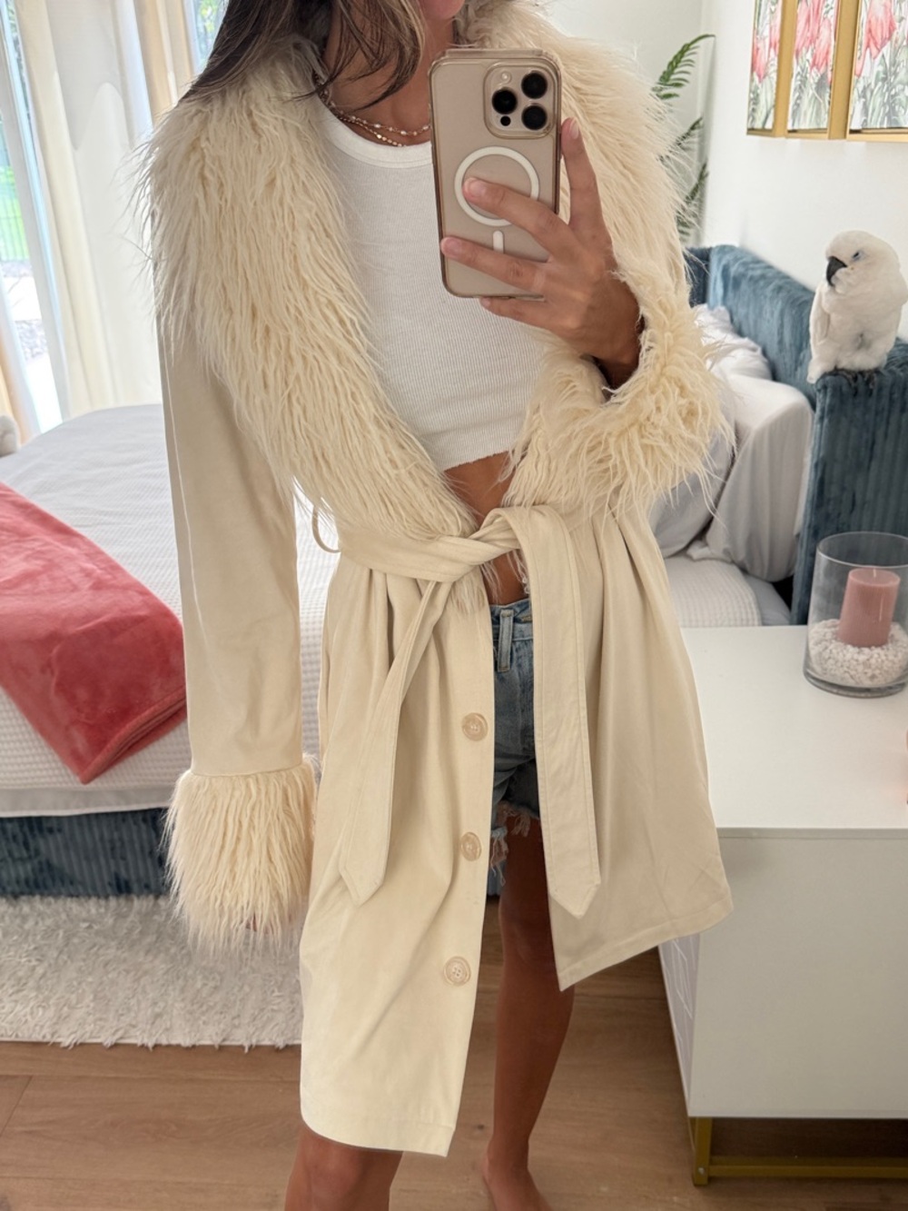 For Love And Lemons Cream Faux Fur-Trimmed Robe Coat